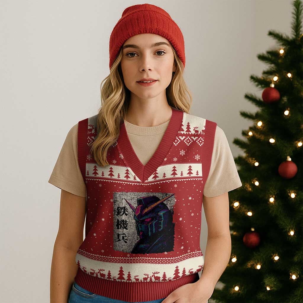 Japanese Mecha Robot V-Neck Knit Sweater Vest Samurai Inspired Futuristic Kanji Design