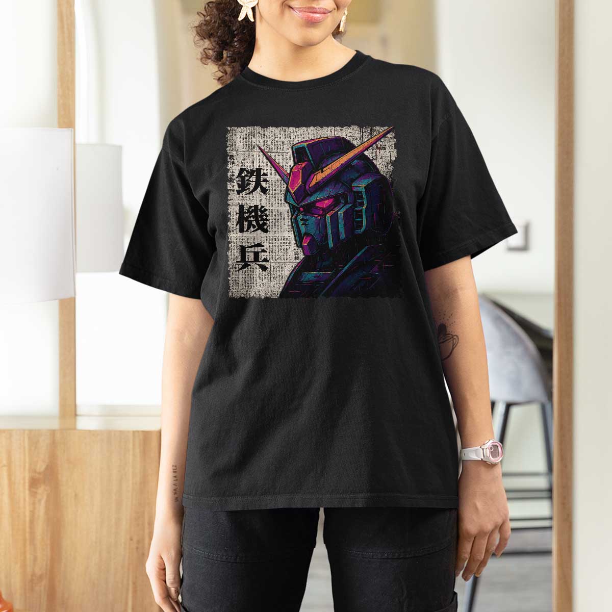 Japanese Mecha Robot T Shirt For Women Samurai Inspired Futuristic Kanji Design