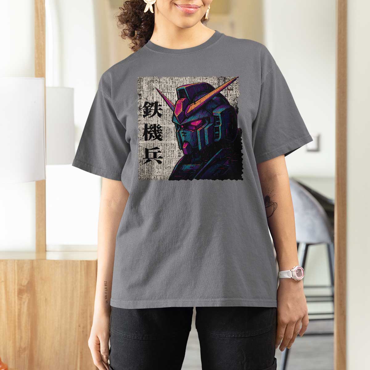 Japanese Mecha Robot T Shirt For Women Samurai Inspired Futuristic Kanji Design
