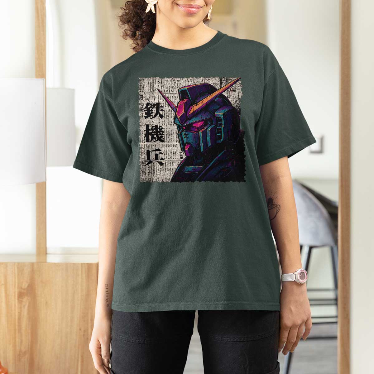 Japanese Mecha Robot T Shirt For Women Samurai Inspired Futuristic Kanji Design