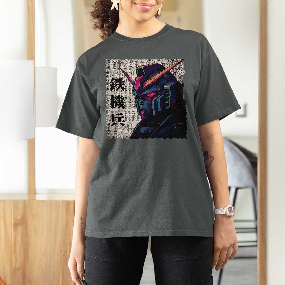 Japanese Mecha Robot T Shirt For Women Samurai Inspired Futuristic Kanji Design