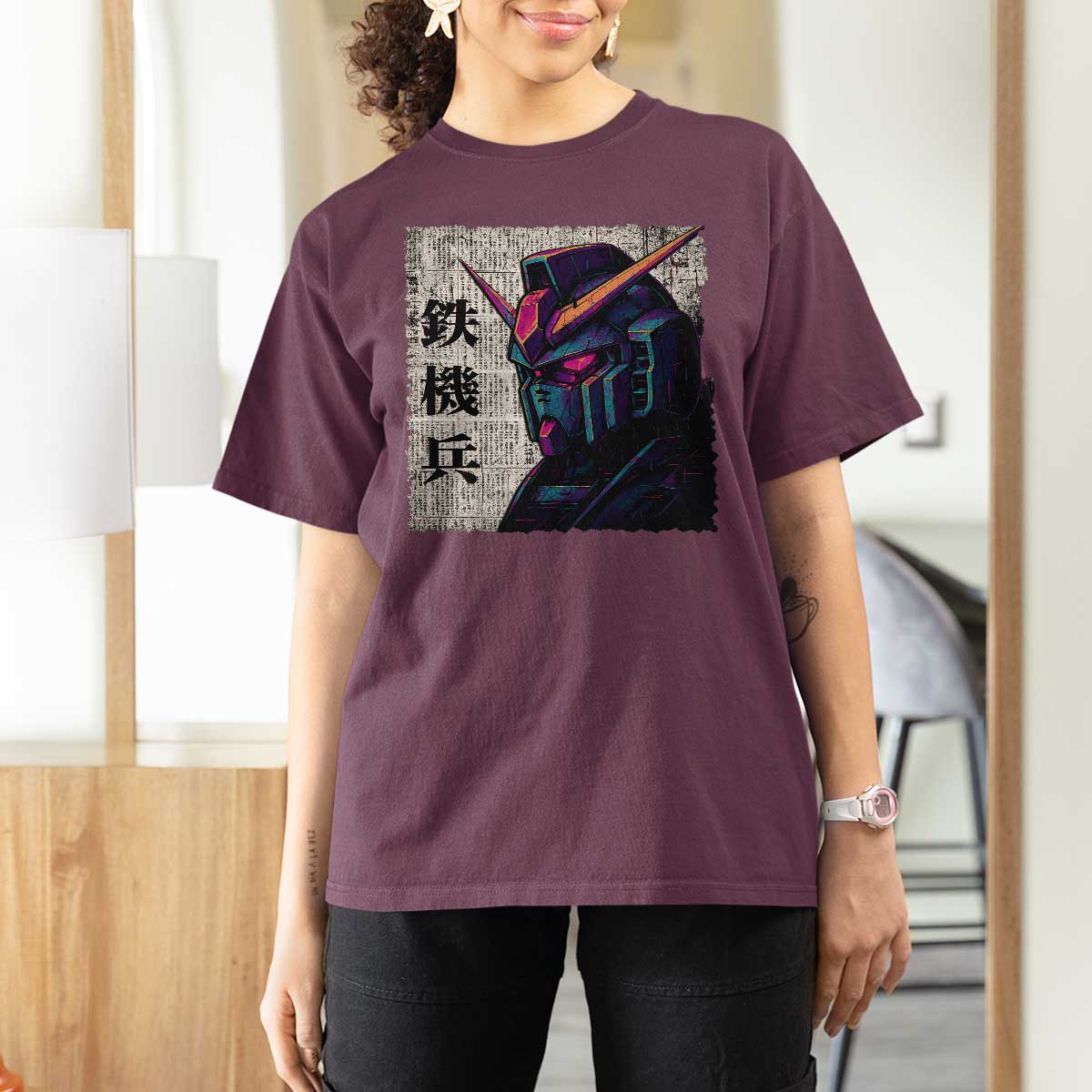 Japanese Mecha Robot T Shirt For Women Samurai Inspired Futuristic Kanji Design