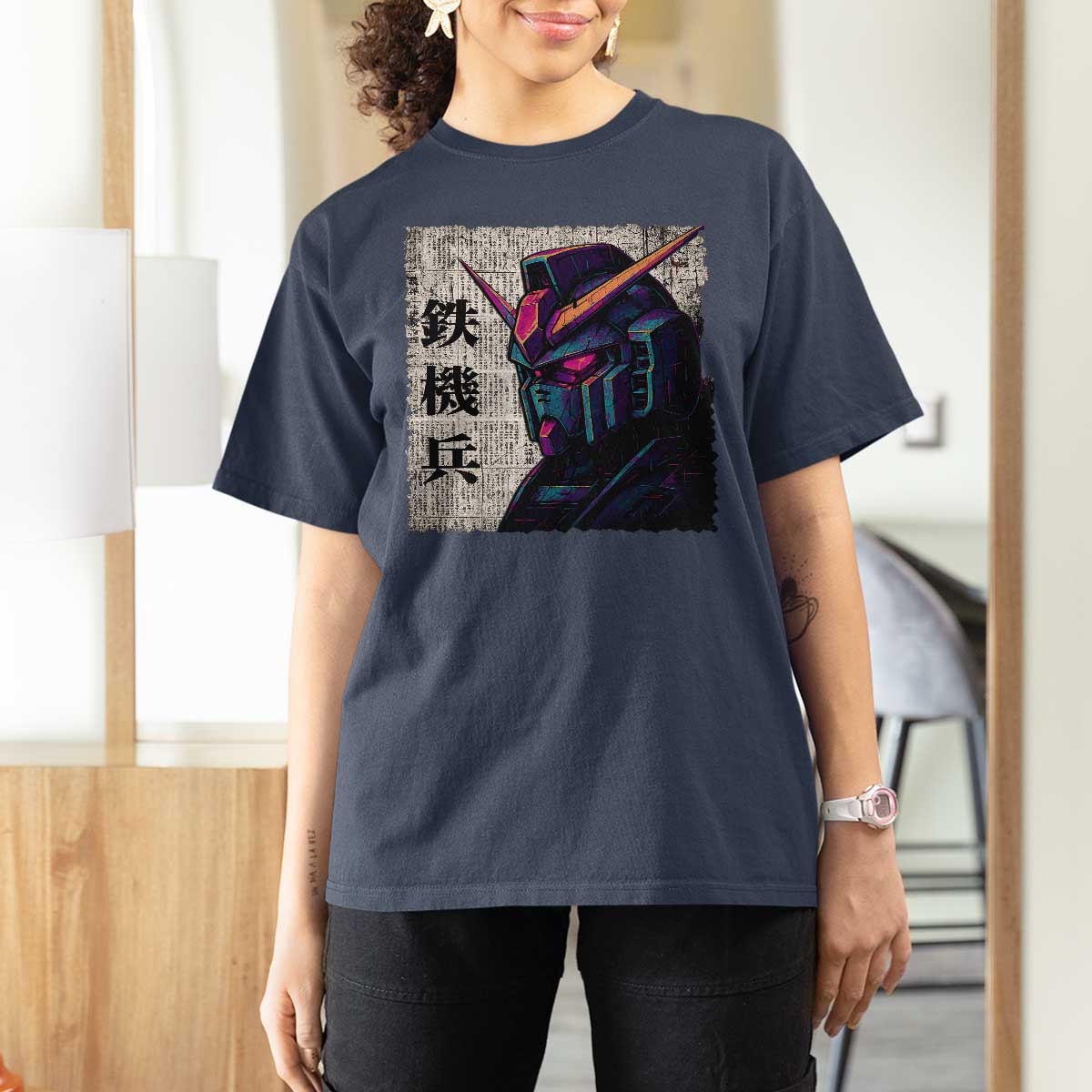 Japanese Mecha Robot T Shirt For Women Samurai Inspired Futuristic Kanji Design