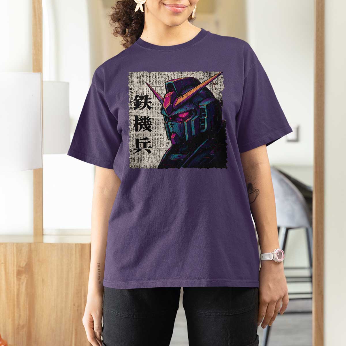 Japanese Mecha Robot T Shirt For Women Samurai Inspired Futuristic Kanji Design