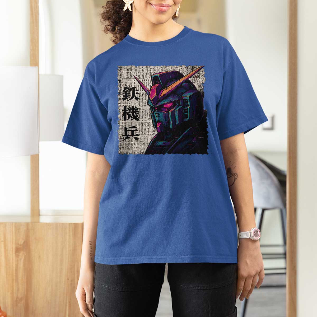 Japanese Mecha Robot T Shirt For Women Samurai Inspired Futuristic Kanji Design