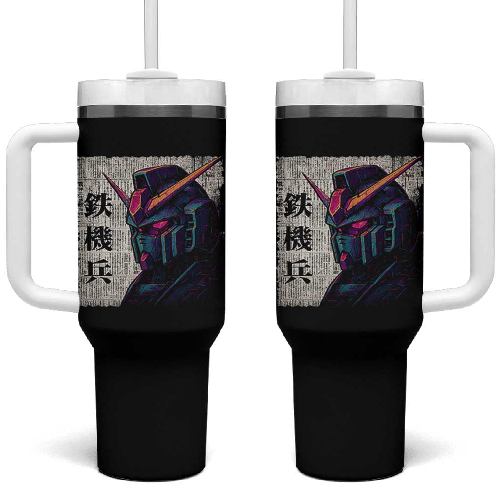 Japanese Mecha Robot Tumbler With Handle Samurai Inspired Futuristic Kanji Design