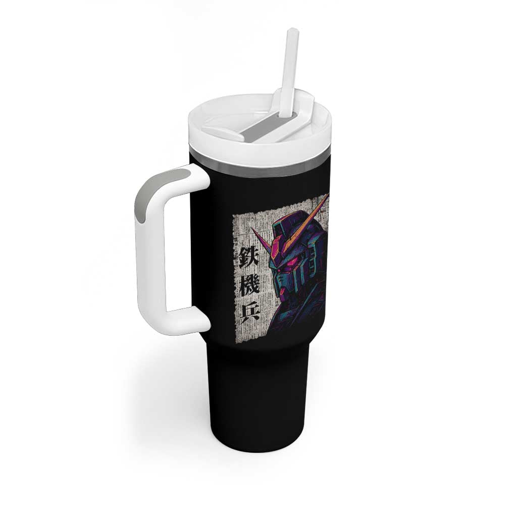 Japanese Mecha Robot Tumbler With Handle Samurai Inspired Futuristic Kanji Design