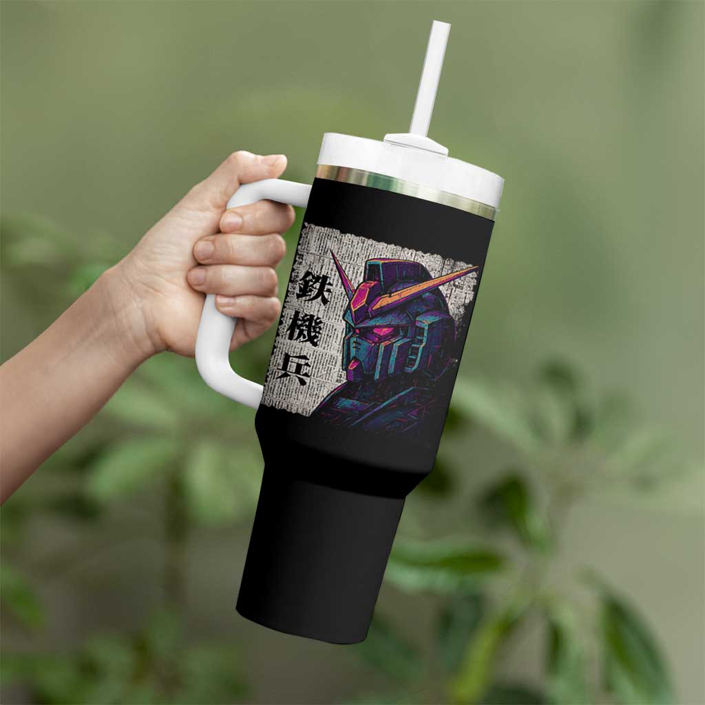 Japanese Mecha Robot Tumbler With Handle Samurai Inspired Futuristic Kanji Design