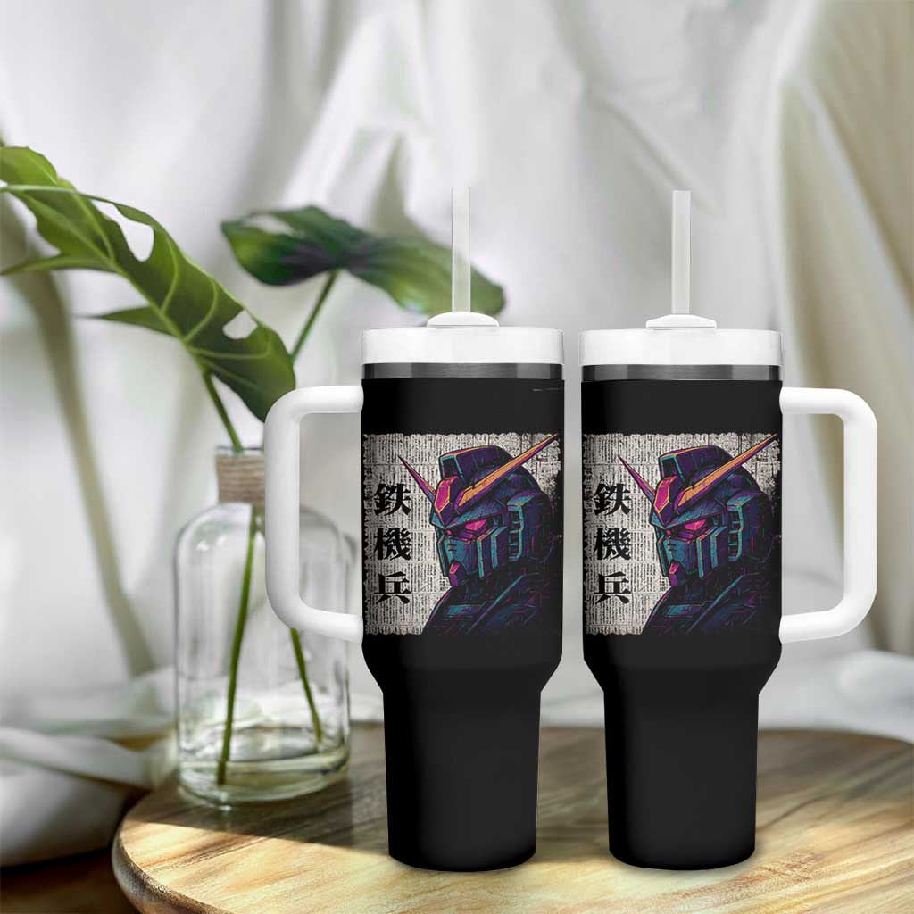 Japanese Mecha Robot Tumbler With Handle Samurai Inspired Futuristic Kanji Design