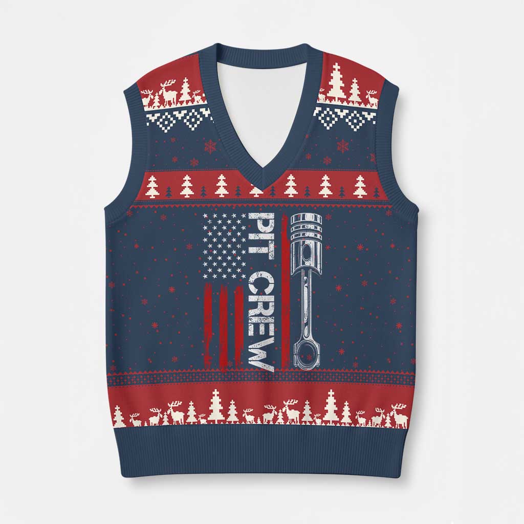 Pit Crew V-Neck Knit Sweater Vest Racing Race Car American Flag - Wonder Print Shop