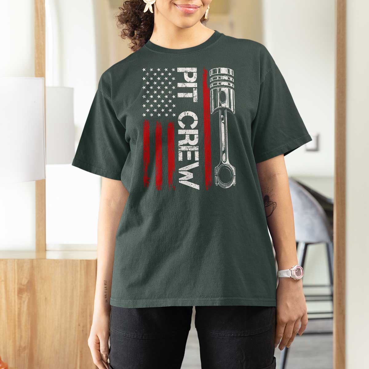 Pit Crew T Shirt For Women Racing Race Car American Flag - Wonder Print Shop