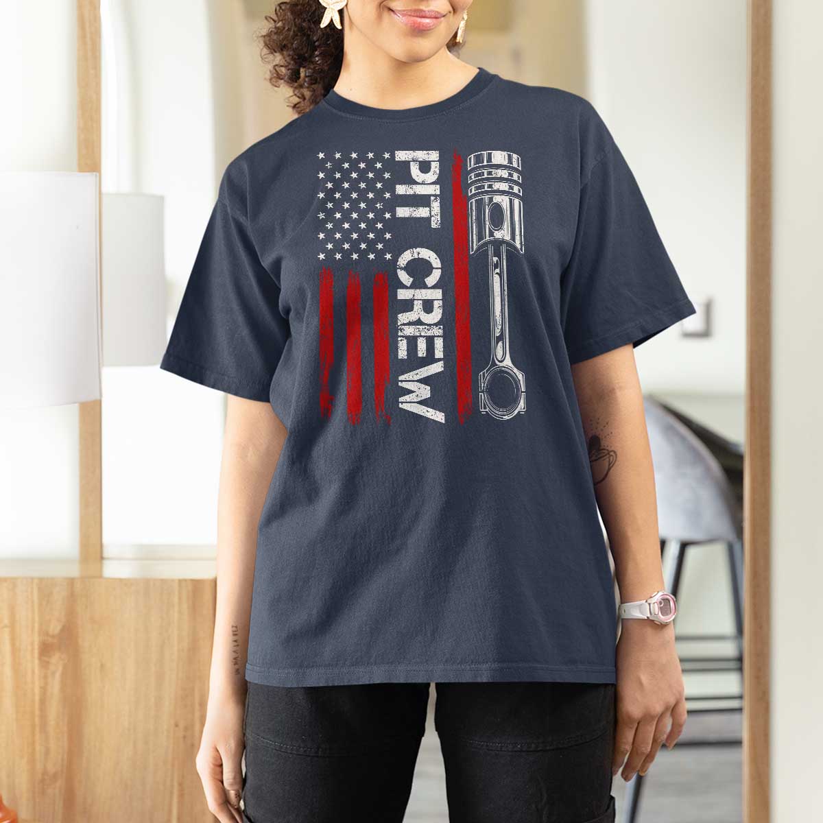 Pit Crew T Shirt For Women Racing Race Car American Flag - Wonder Print Shop
