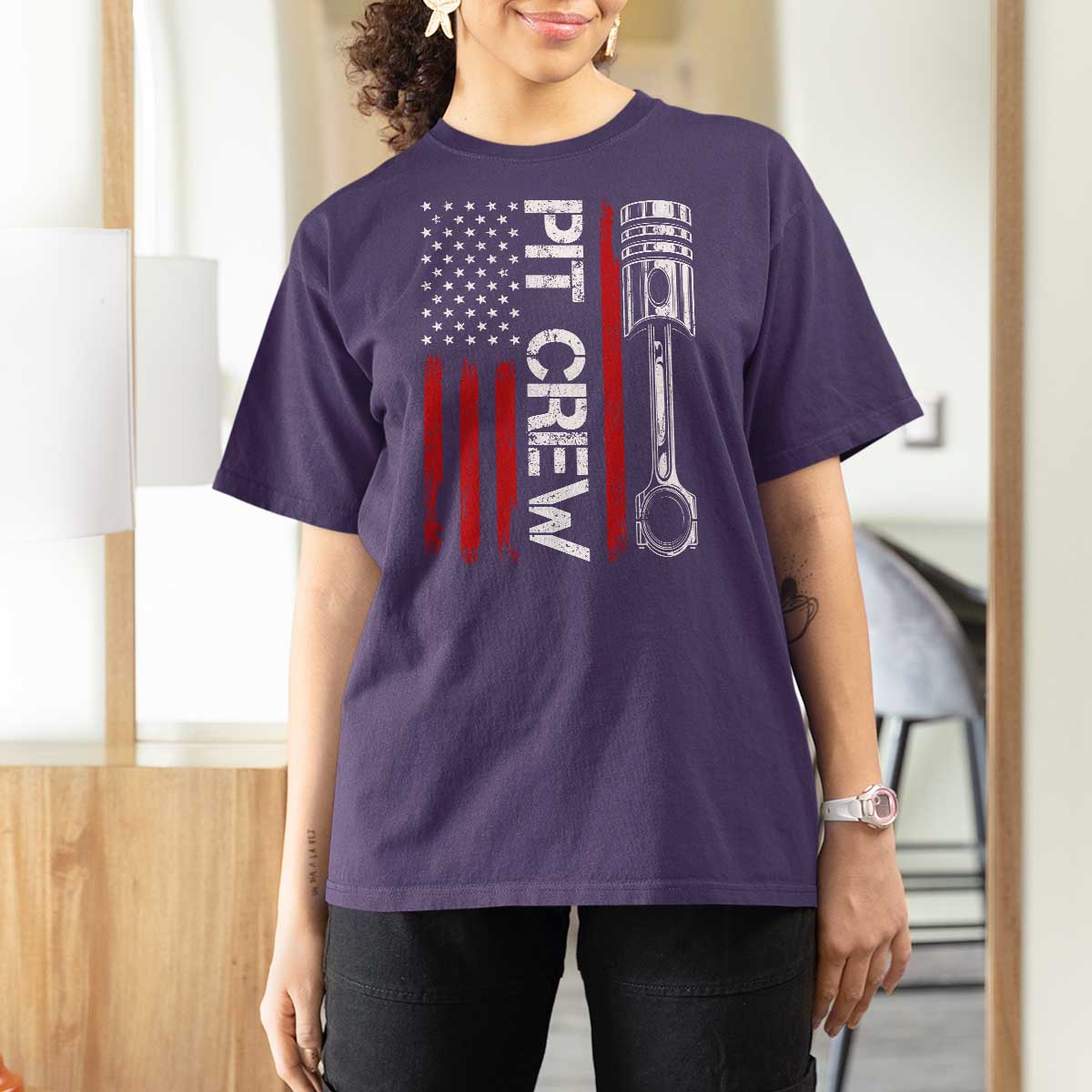 Pit Crew T Shirt For Women Racing Race Car American Flag - Wonder Print Shop