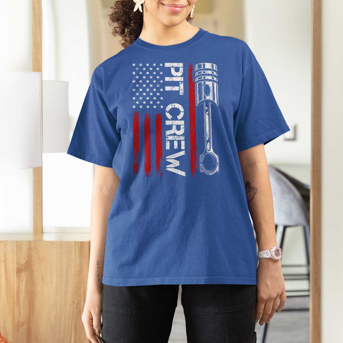 Pit Crew T Shirt For Women Racing Race Car American Flag - Wonder Print Shop