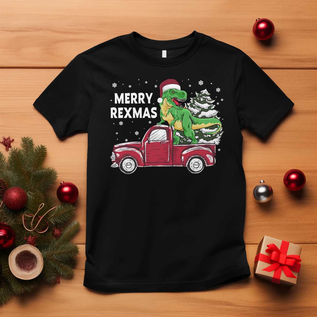 Dinosaur Christmas Tree T Shirt Merry Rexmas Xmas Pet Dino Trex Red Truck Family - Wonder Print Shop