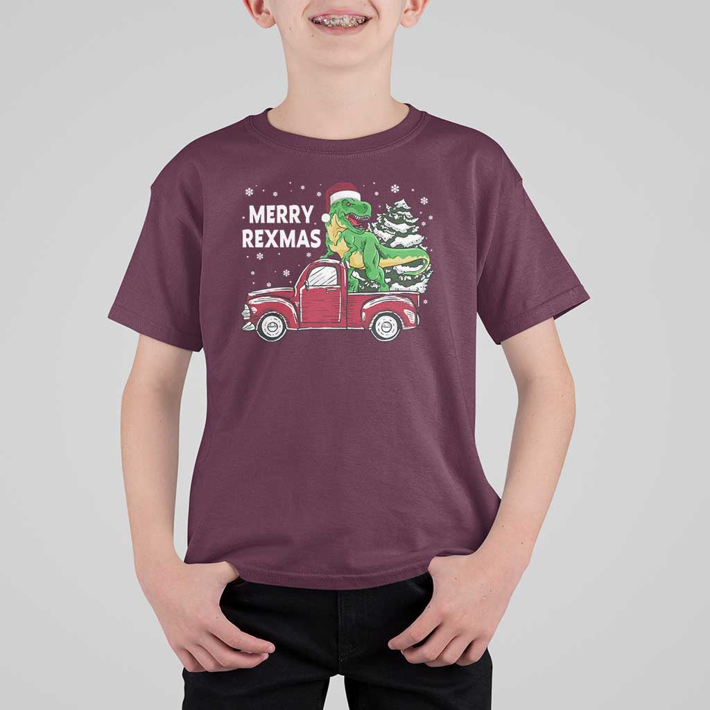 Dinosaur Christmas Tree T Shirt For Kid Merry Rexmas Xmas Pet Dino Trex Red Truck Family - Wonder Print Shop