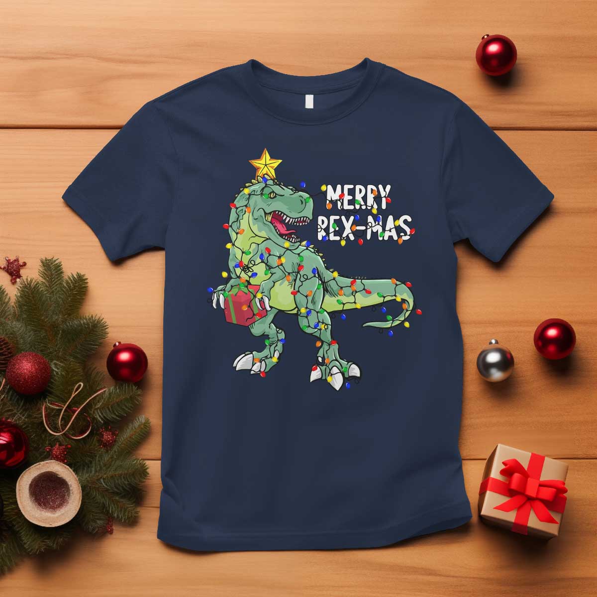 Dinosaur Christmas Tree Rex T Shirt Merry Rex-Mas Xmas Pet Dino Trex Xmas Lights - Wonder Print Shop