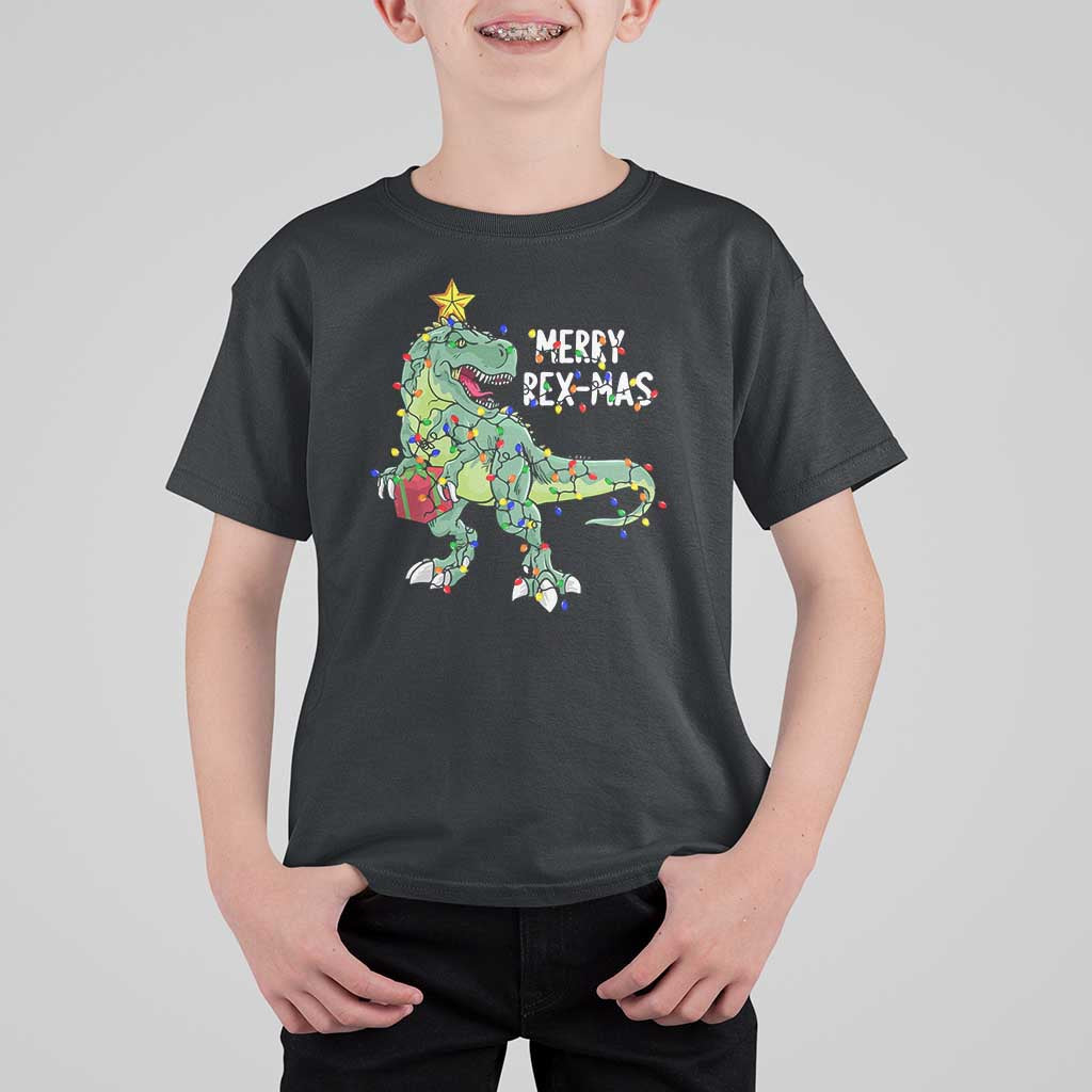 Dinosaur Christmas Tree Rex T Shirt For Kid Merry Rex-Mas Xmas Pet Dino Trex Xmas Lights - Wonder Print Shop