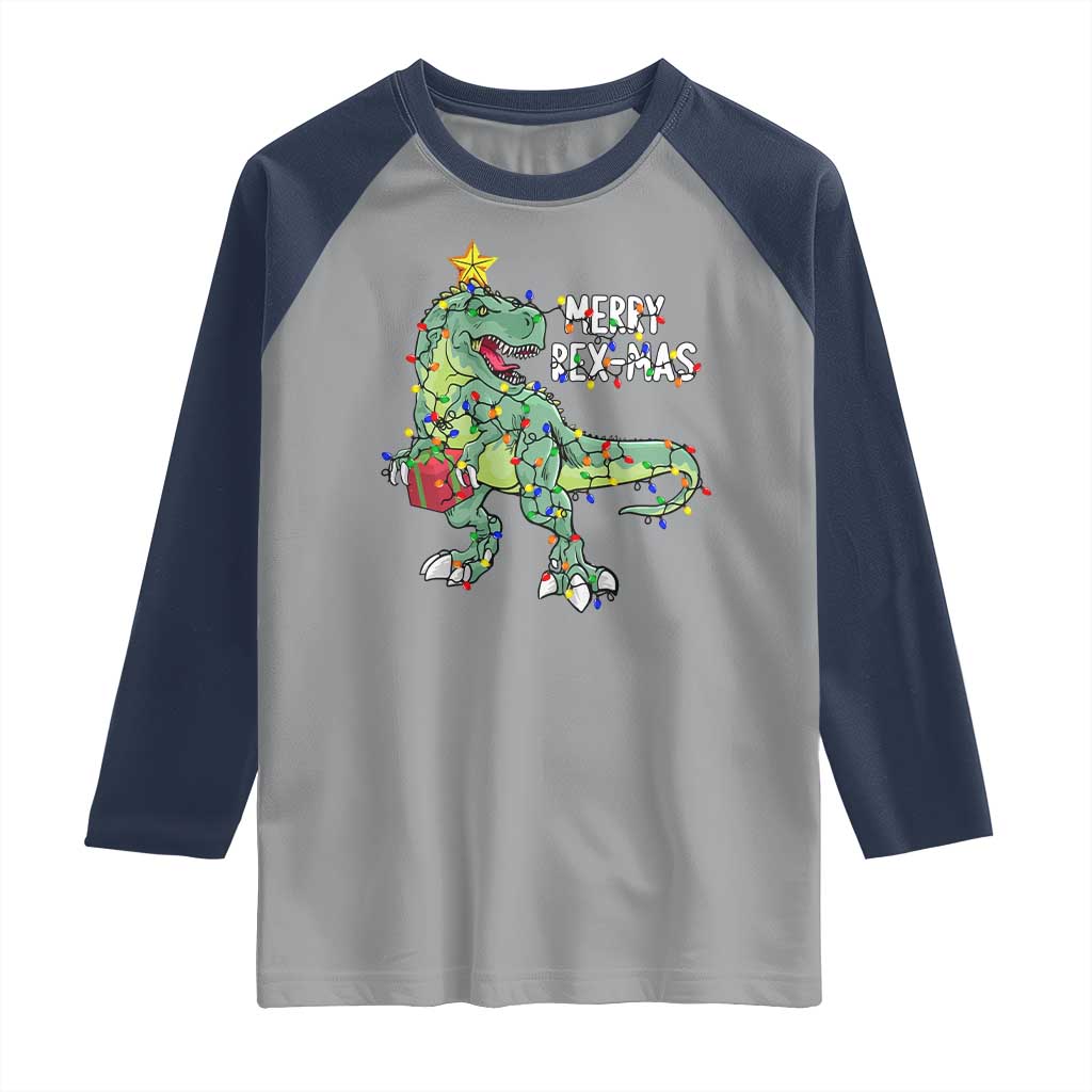 Dinosaur Christmas Tree Rex Raglan Shirt Merry Rex-Mas Xmas Pet Dino Trex Xmas Lights