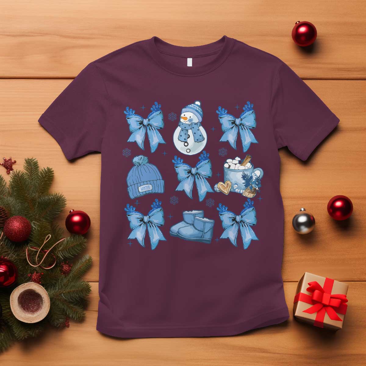 Coquette Bow Christmas T Shirt Cozy Winter Xmas Gift Blue Holiday - Wonder Print Shop