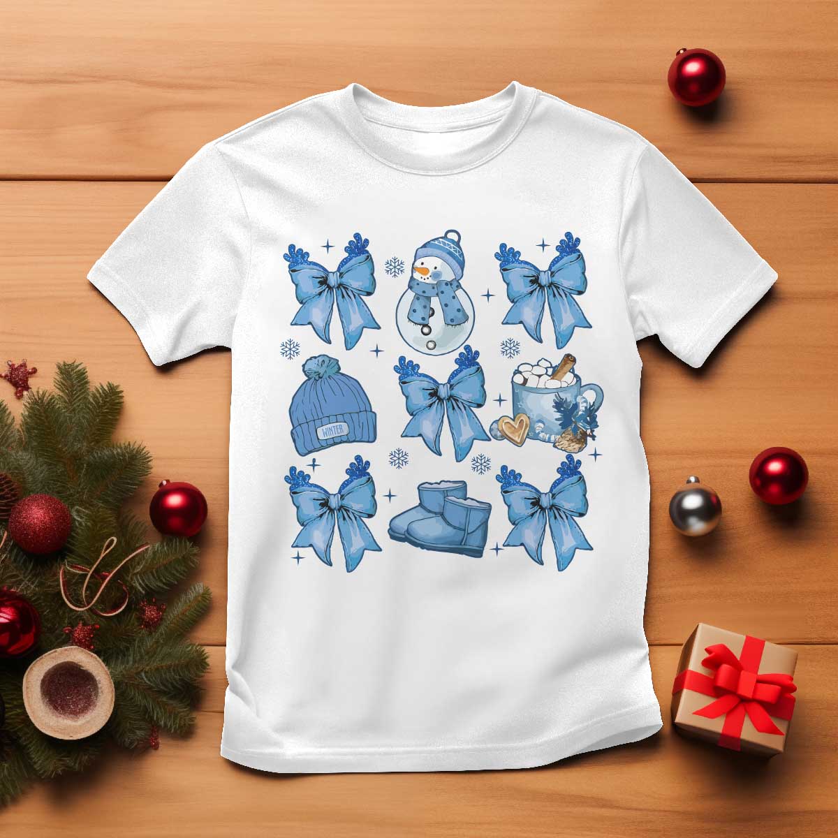 Coquette Bow Christmas T Shirt Cozy Winter Xmas Gift Blue Holiday - Wonder Print Shop