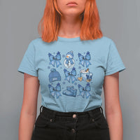 Coquette Bow Christmas T Shirt For Women Cozy Winter Xmas Gift Blue Holiday - Wonder Print Shop