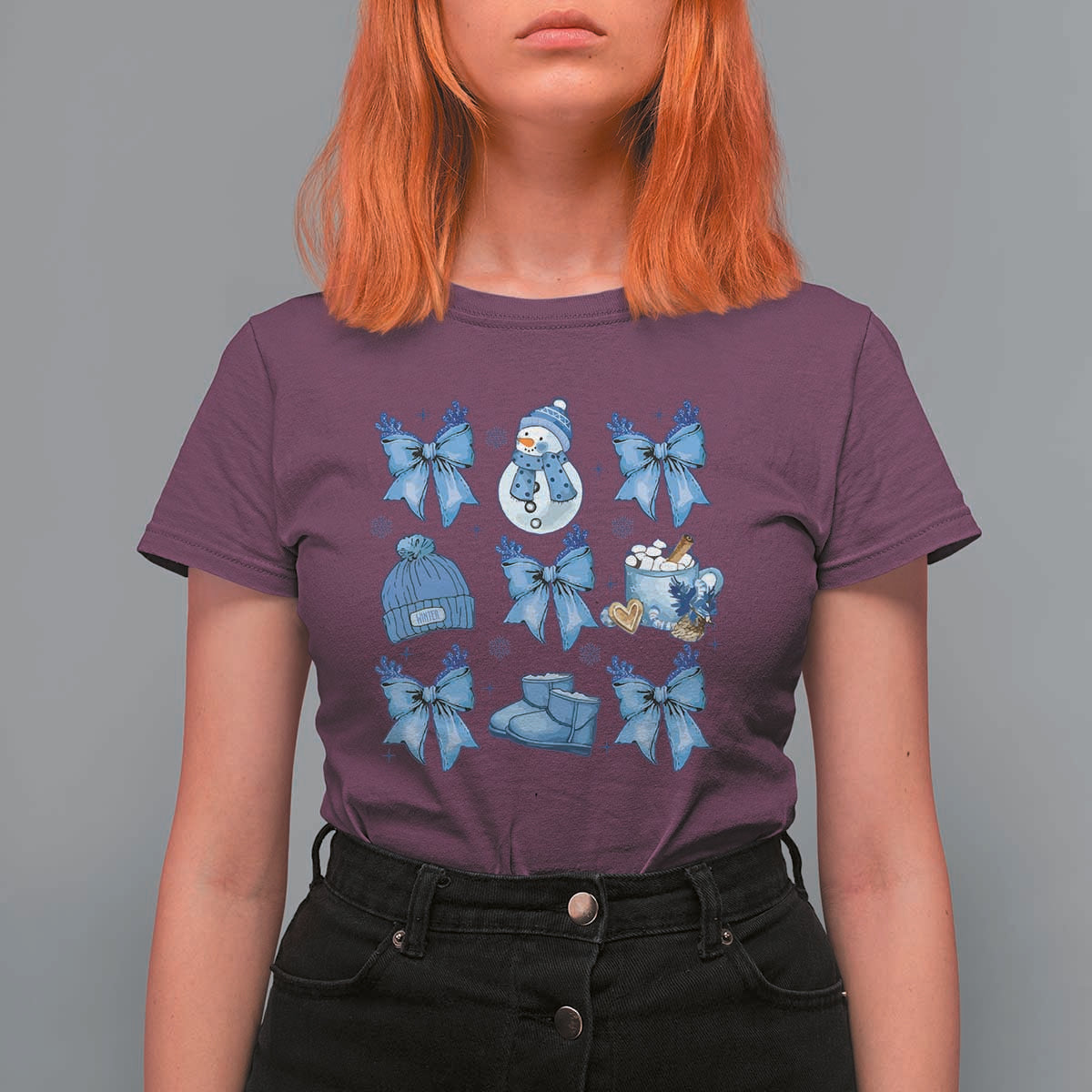 Coquette Bow Christmas T Shirt For Women Cozy Winter Xmas Gift Blue Holiday - Wonder Print Shop
