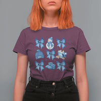 Coquette Bow Christmas T Shirt For Women Cozy Winter Xmas Gift Blue Holiday - Wonder Print Shop