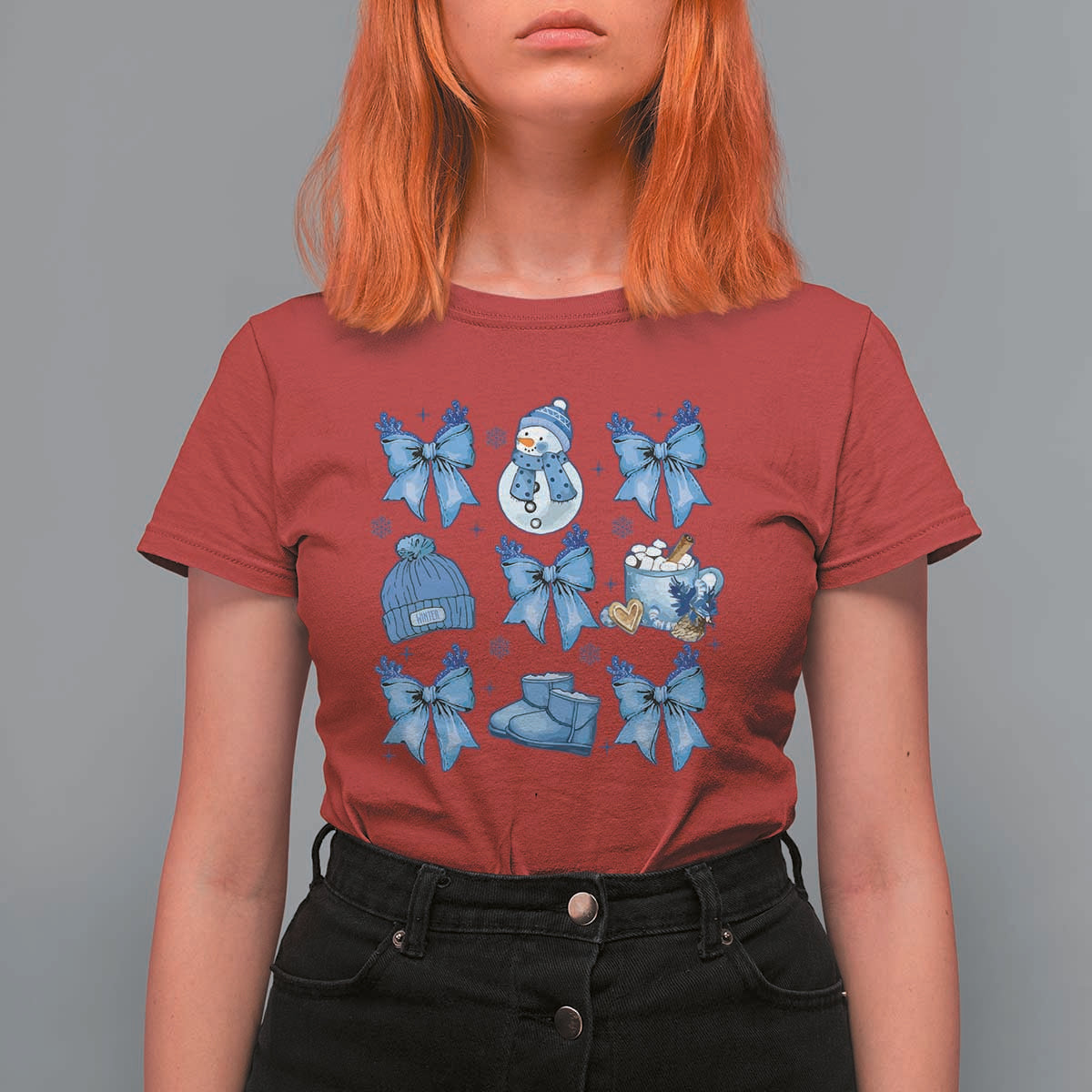 Coquette Bow Christmas T Shirt For Women Cozy Winter Xmas Gift Blue Holiday - Wonder Print Shop