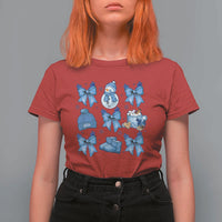 Coquette Bow Christmas T Shirt For Women Cozy Winter Xmas Gift Blue Holiday - Wonder Print Shop