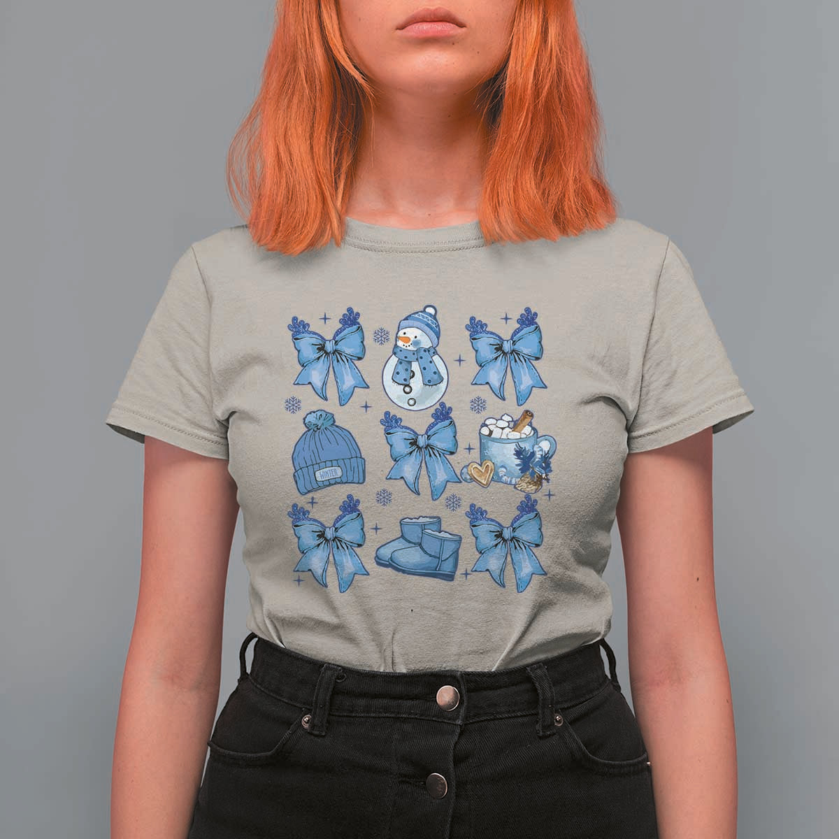 Coquette Bow Christmas T Shirt For Women Cozy Winter Xmas Gift Blue Holiday - Wonder Print Shop