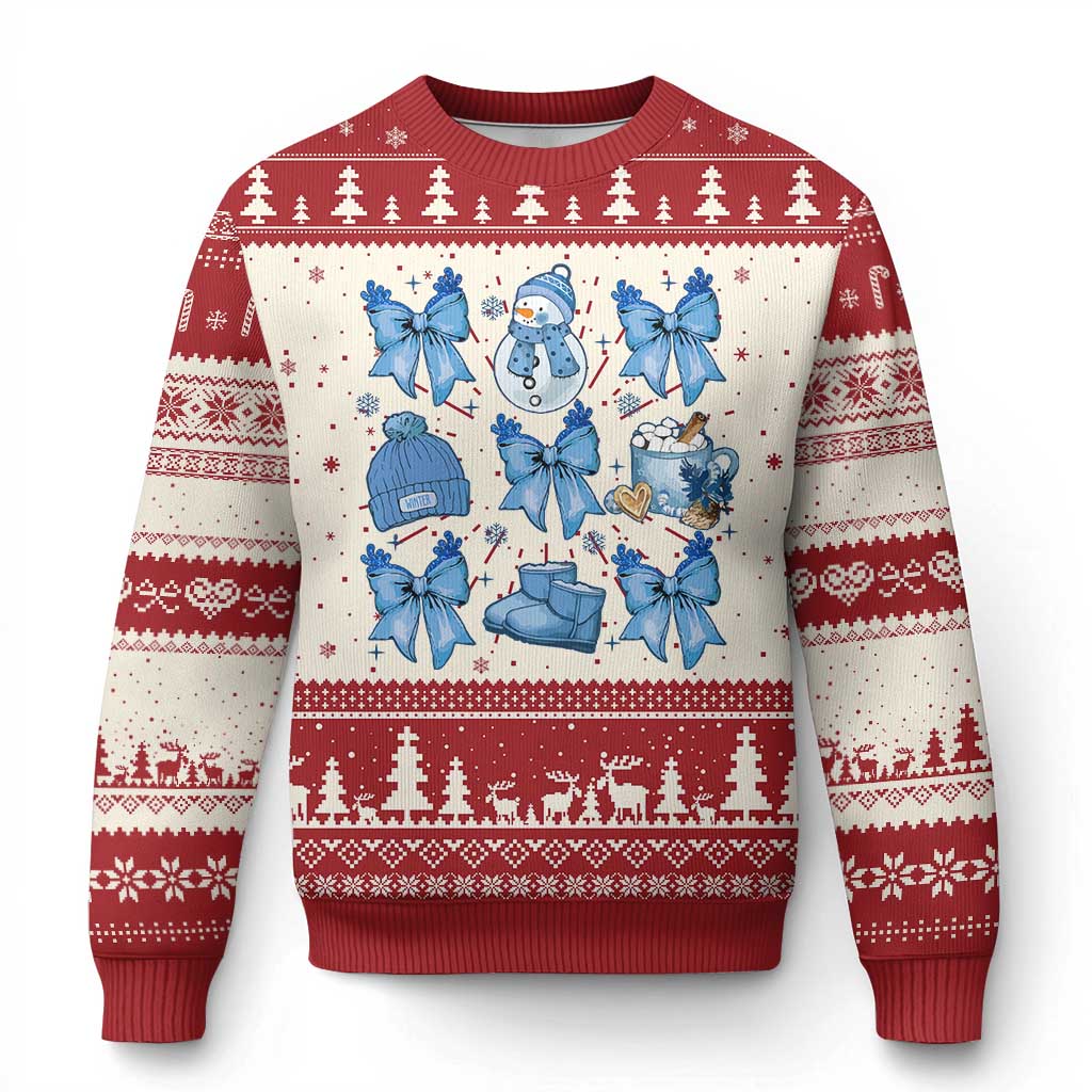Coquette Bow Ugly Christmas Sweater Cozy Winter Xmas Gift Blue Holiday - Wonder Print Shop