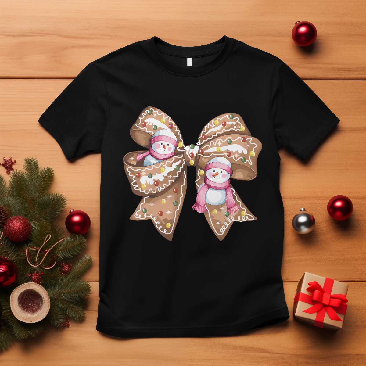 Gingerbread Coquette Bow Christmas T Shirt Cute Snowman Girly Xmas Gifts For Her - Wonder Print Shop