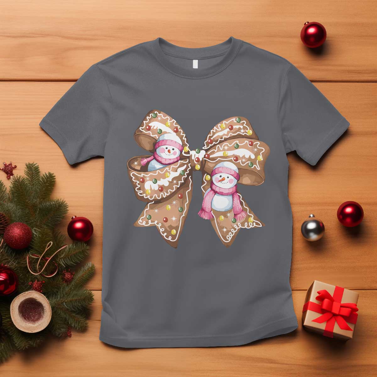 Gingerbread Coquette Bow Christmas T Shirt Cute Snowman Girly Xmas Gifts For Her - Wonder Print Shop