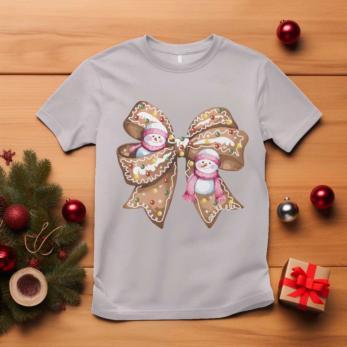 Gingerbread Coquette Bow Christmas T Shirt Cute Snowman Girly Xmas Gifts For Her - Wonder Print Shop