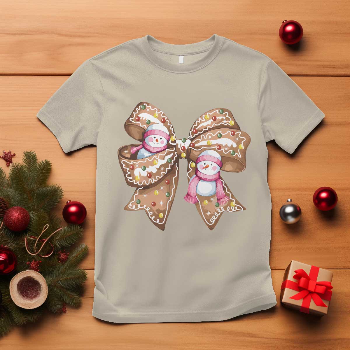 Gingerbread Coquette Bow Christmas T Shirt Cute Snowman Girly Xmas Gifts For Her - Wonder Print Shop