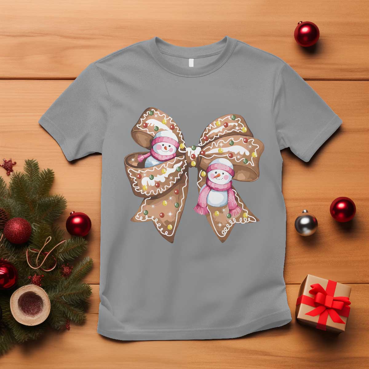 Gingerbread Coquette Bow Christmas T Shirt Cute Snowman Girly Xmas Gifts For Her - Wonder Print Shop