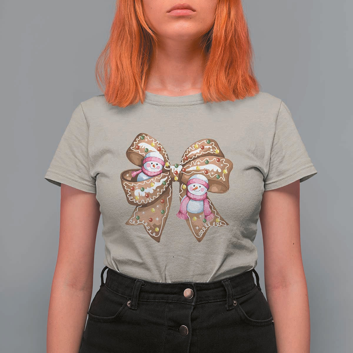 Gingerbread Coquette Bow Christmas T Shirt For Women Cute Snowman Girly Xmas Gifts For Her - Wonder Print Shop
