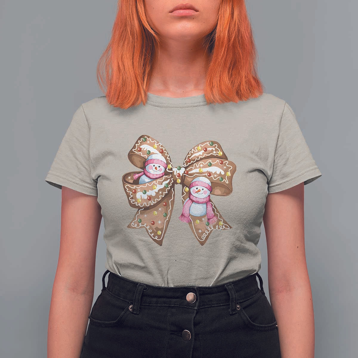Gingerbread Coquette Bow Christmas T Shirt For Women Cute Snowman Girly Xmas Gifts For Her - Wonder Print Shop