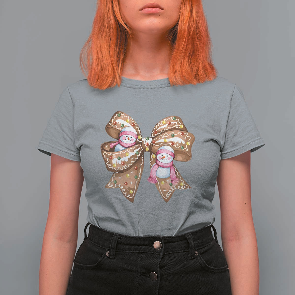 Gingerbread Coquette Bow Christmas T Shirt For Women Cute Snowman Girly Xmas Gifts For Her - Wonder Print Shop