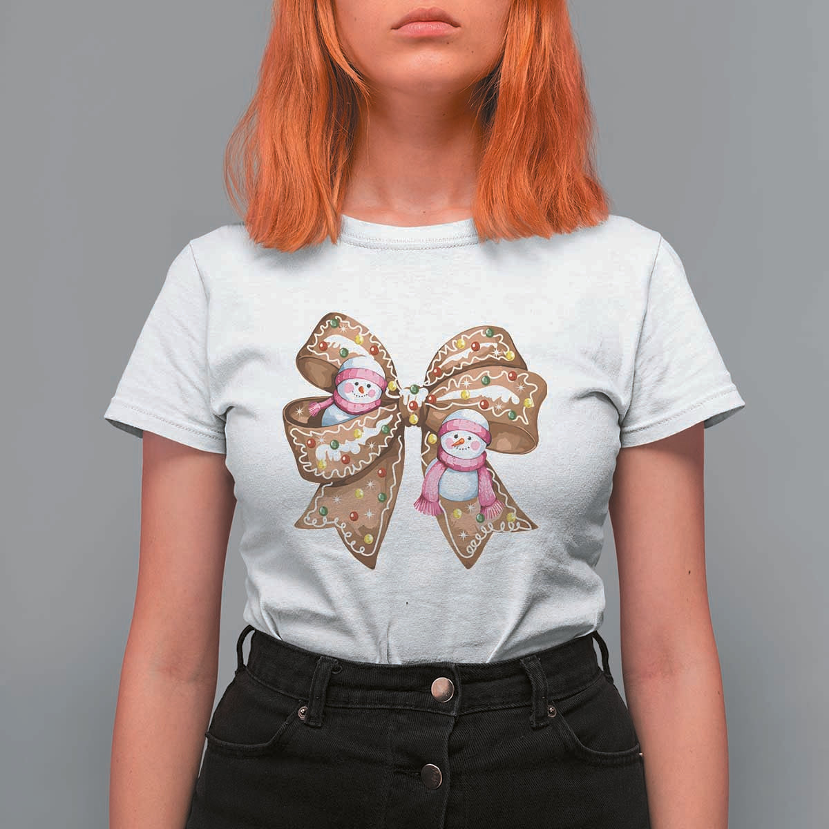 Gingerbread Coquette Bow Christmas T Shirt For Women Cute Snowman Girly Xmas Gifts For Her - Wonder Print Shop