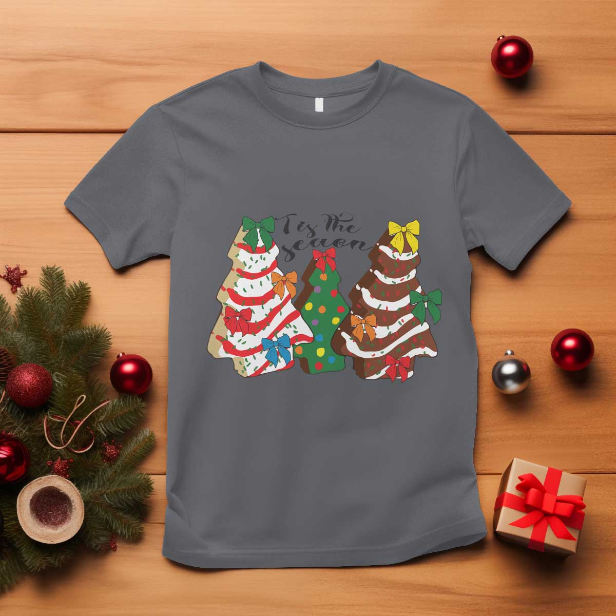 Christmas Cake Tree Bow T Shirt Tis The Season - Wonder Print Shop