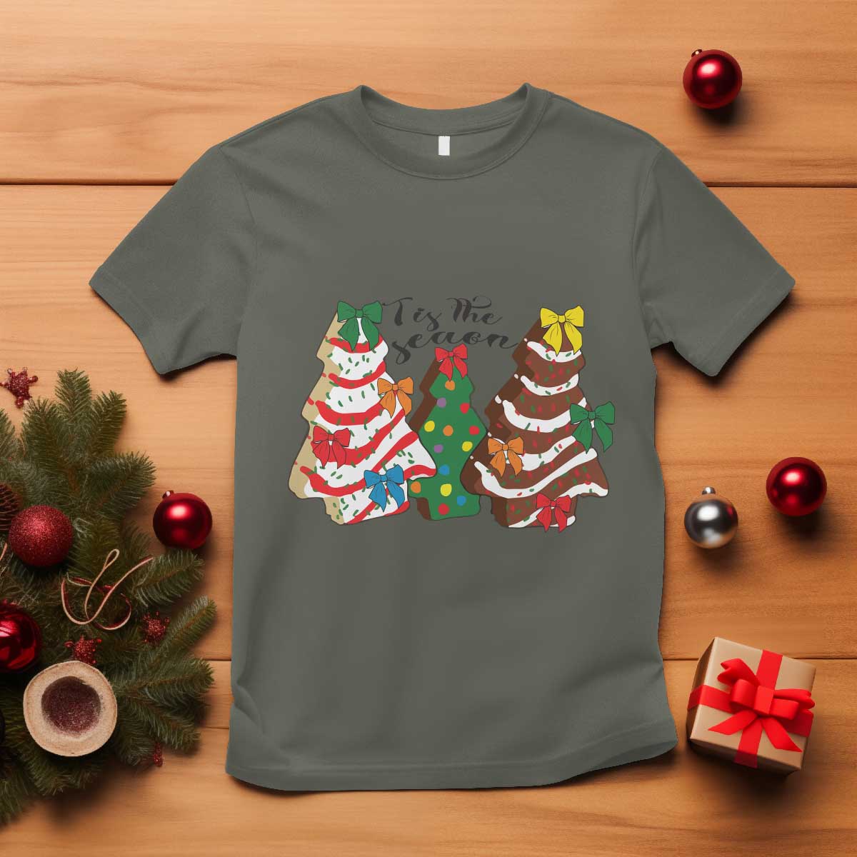 Christmas Cake Tree Bow T Shirt Tis The Season - Wonder Print Shop