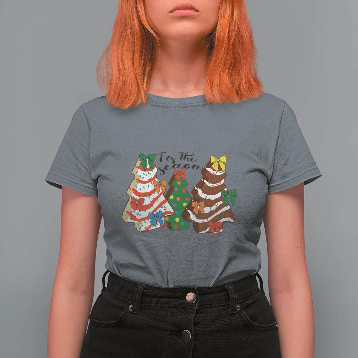 Christmas Cake Tree Bow T Shirt For Women Tis The Season - Wonder Print Shop