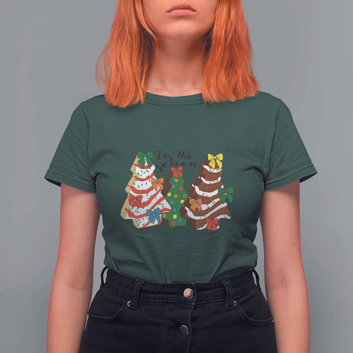 Christmas Cake Tree Bow T Shirt For Women Tis The Season - Wonder Print Shop