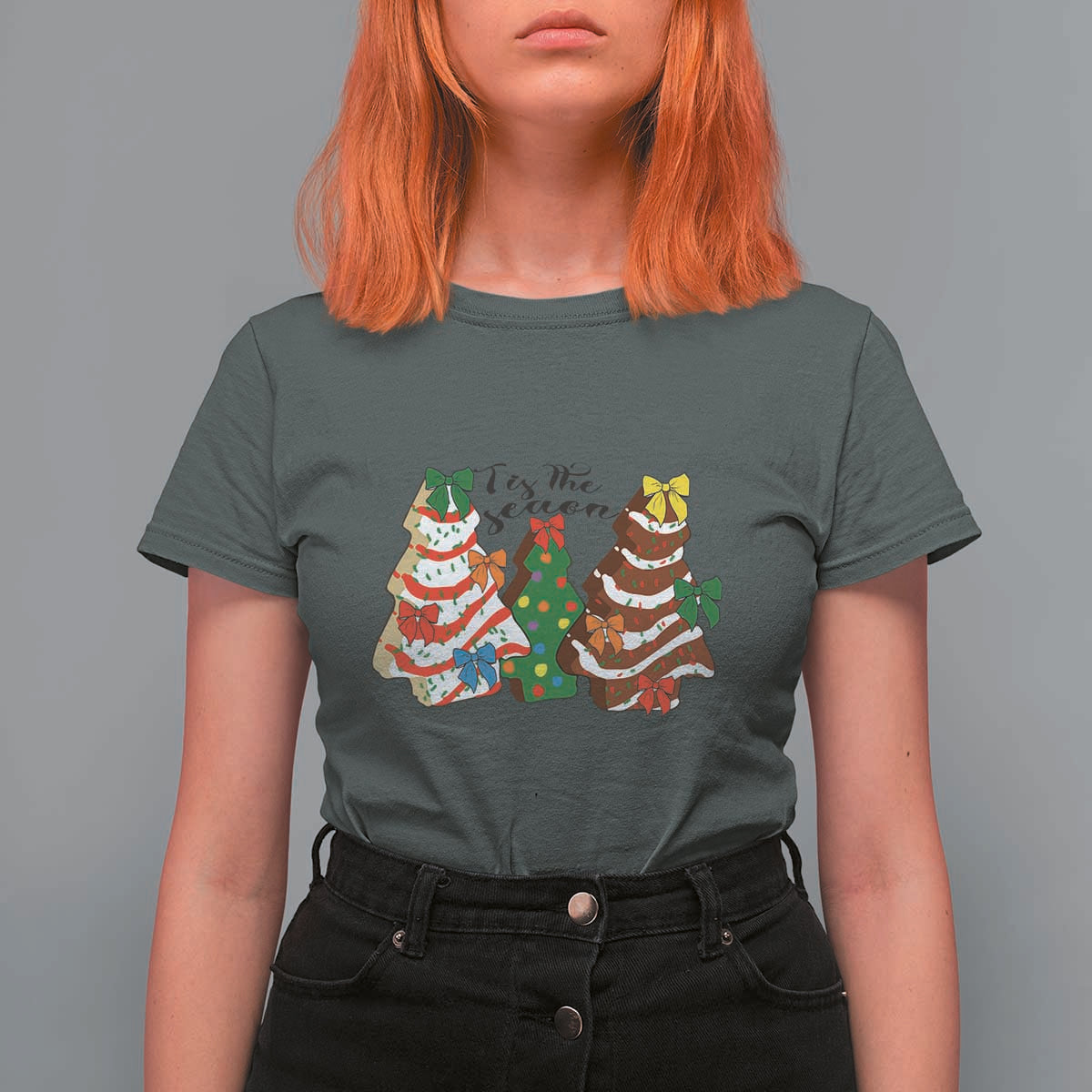 Christmas Cake Tree Bow T Shirt For Women Tis The Season - Wonder Print Shop