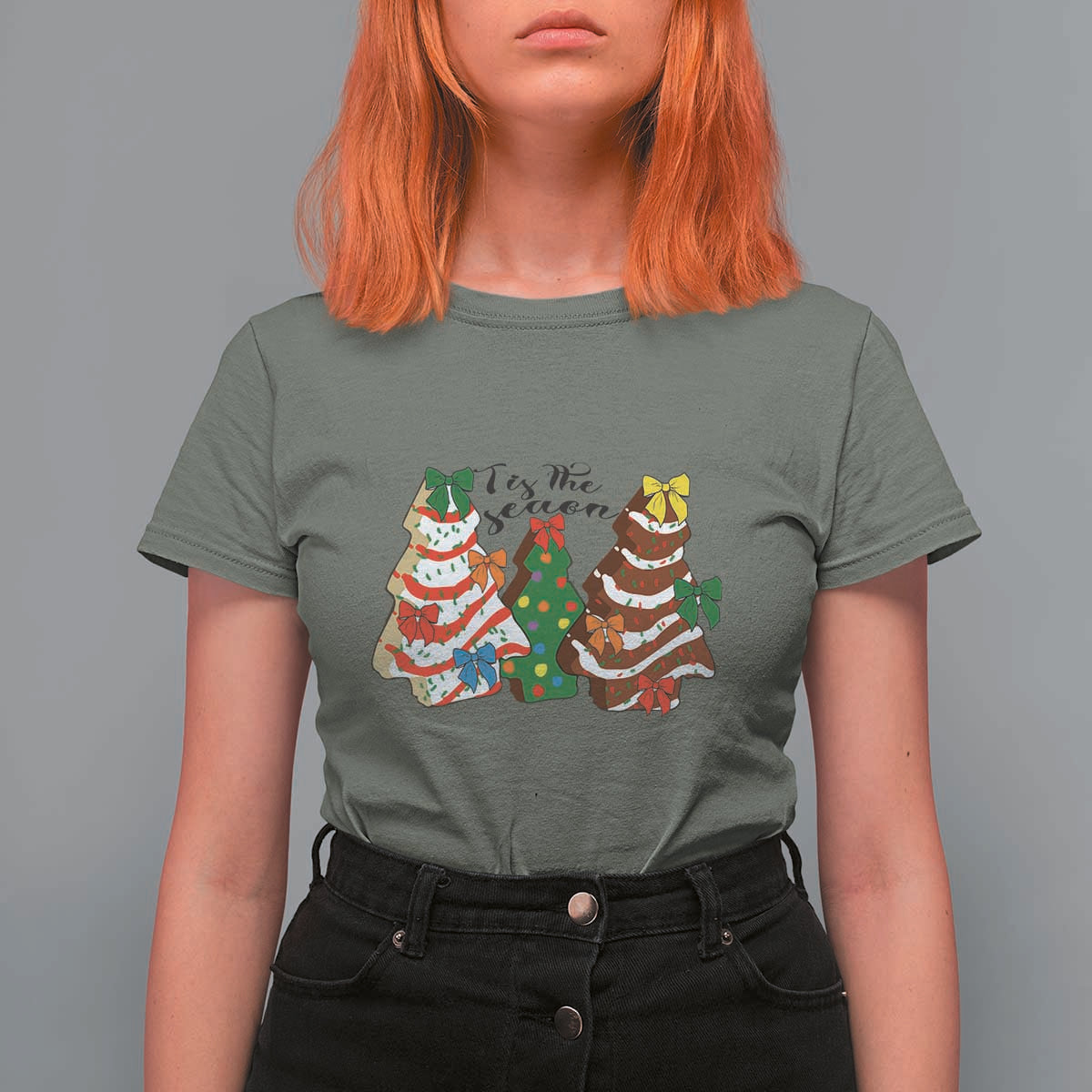 Christmas Cake Tree Bow T Shirt For Women Tis The Season - Wonder Print Shop