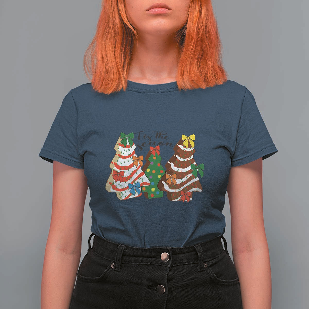 Christmas Cake Tree Bow T Shirt For Women Tis The Season - Wonder Print Shop