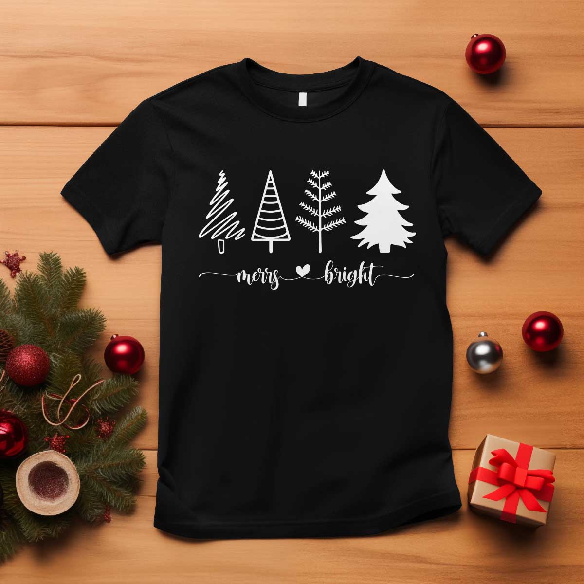 Merry & Bright Christmas Trees T Shirt Holiday Tee Xmas Gift - Wonder Print Shop