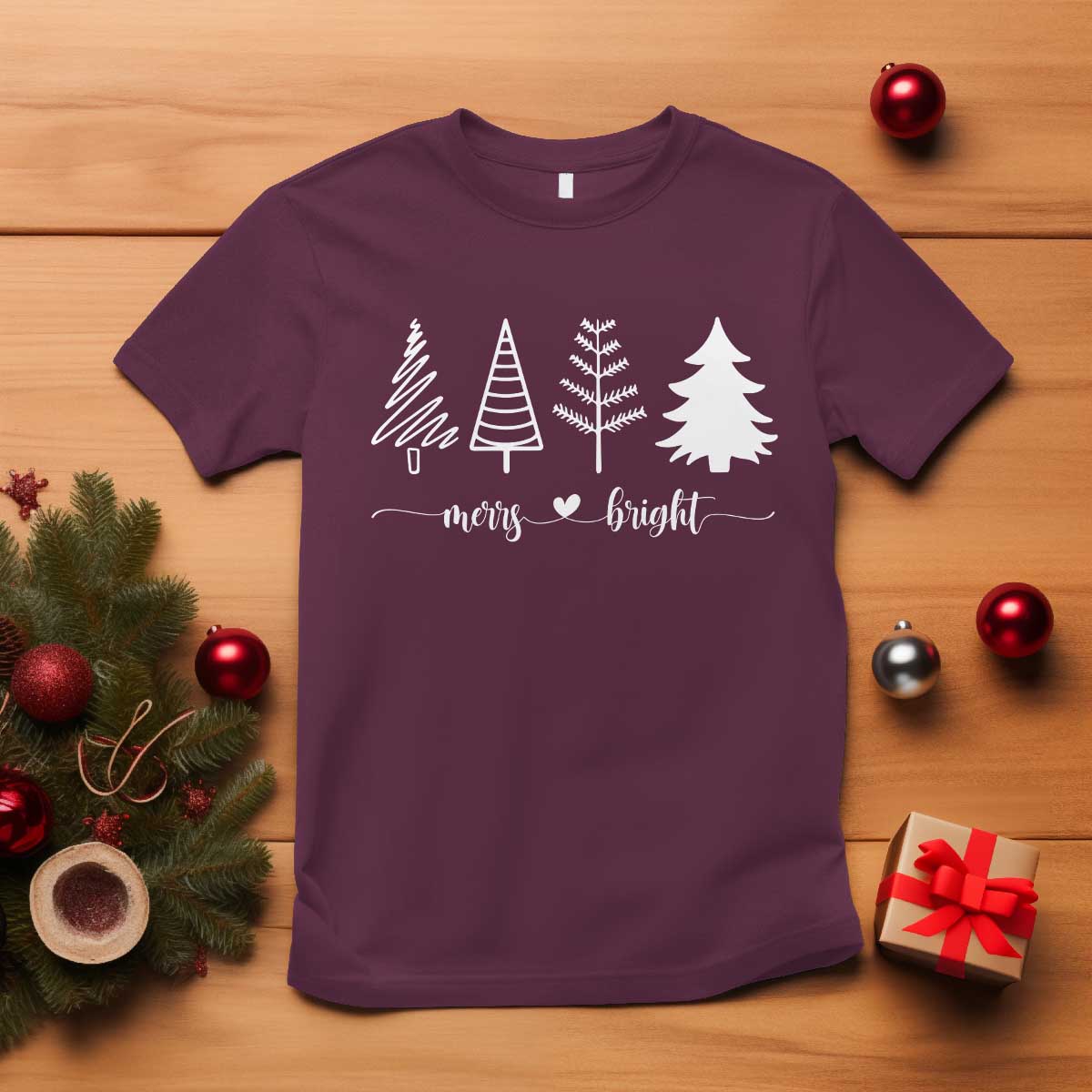 Merry & Bright Christmas Trees T Shirt Holiday Tee Xmas Gift - Wonder Print Shop